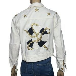 Escada Vintage L White Denim Gold Embroidered Stars Life Preserver Jean Jacket